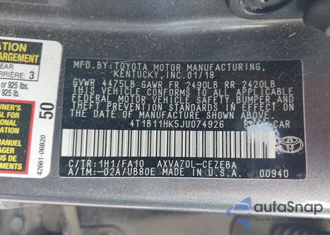 2018 Toyota Camry L from USA, damaged, VIN 4T1B11HK5JU074926